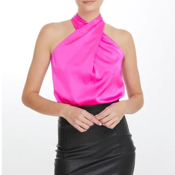 Sincerely Jules Hot Pink Satin Halter Top Wrap Neck Sleeveless Blouse Medium - Picture 1 of 6